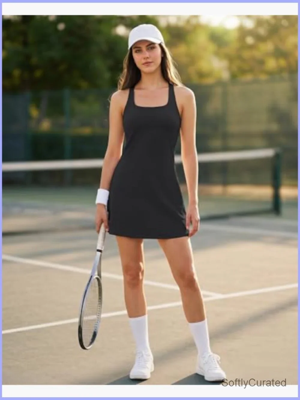 Racerback Tennis Dress with Built-in Bra & Shorts U Neck Active Dress - Picture 2 of 6